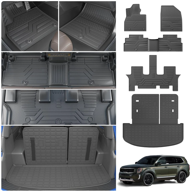 Thinzyou Floor Mats Compatible with 2020-2024 Kia Telluride 7&8 Seats Cargo Mat Cargo Liner TPE All Weather Back Seat Cover Protector 2023 Sorento Accessories (Trunk Mat with Backrest Mats+Floor Mats)