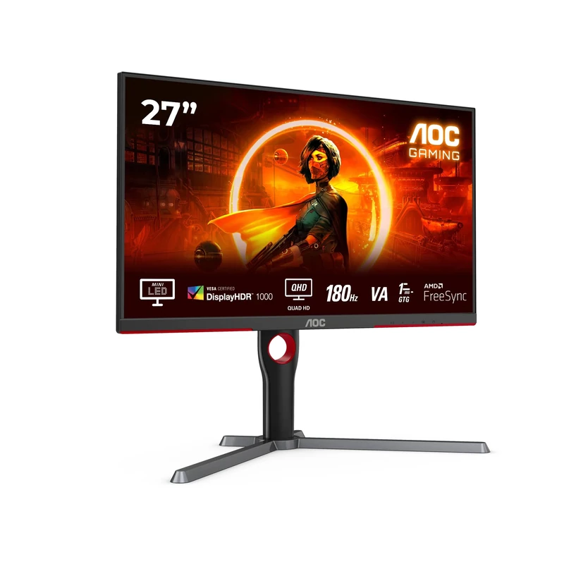 AOC Gaming Q27G3XMN - 27 Inch QHD Monitor, Mini LED, 180Hz, 1ms, GTG, HDR1000, Height Adjust, G-manu (2560 x 1440, 700 cd/m, HDMI 2.0 / DP 1.4)