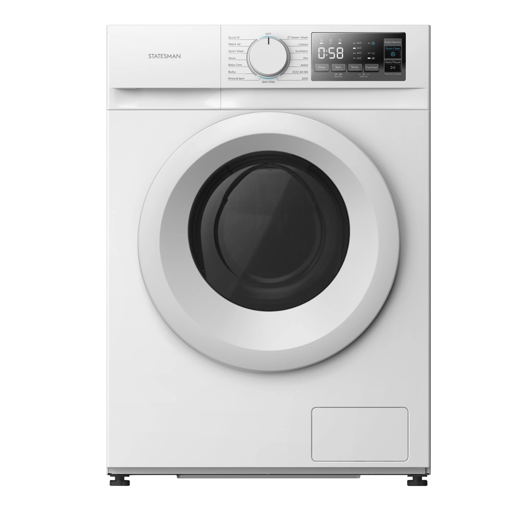 Statesman FWM1914W Washing Machine 1400rpm, 9kg Load Capacity, Front Load, Delay Function, Steam Wash, 15 Programmes, Child Lock, White
