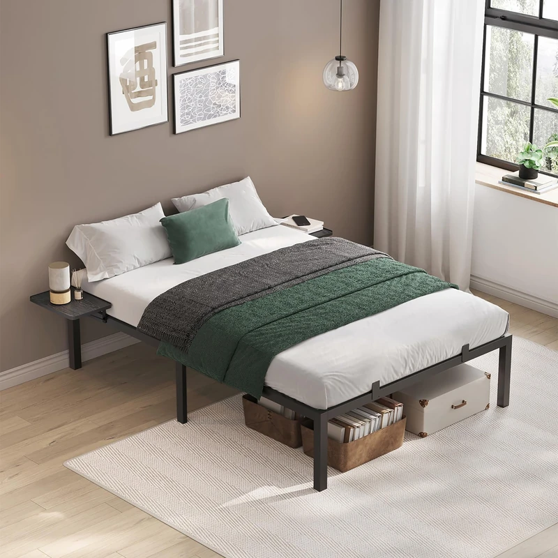 VASAGLE RMB094B01V1 Bed Frame 140 x 200 with Metal Bed Base, Metal Double Bed with Storage Shelves, Easy Assembly, Ink Black - Image 1