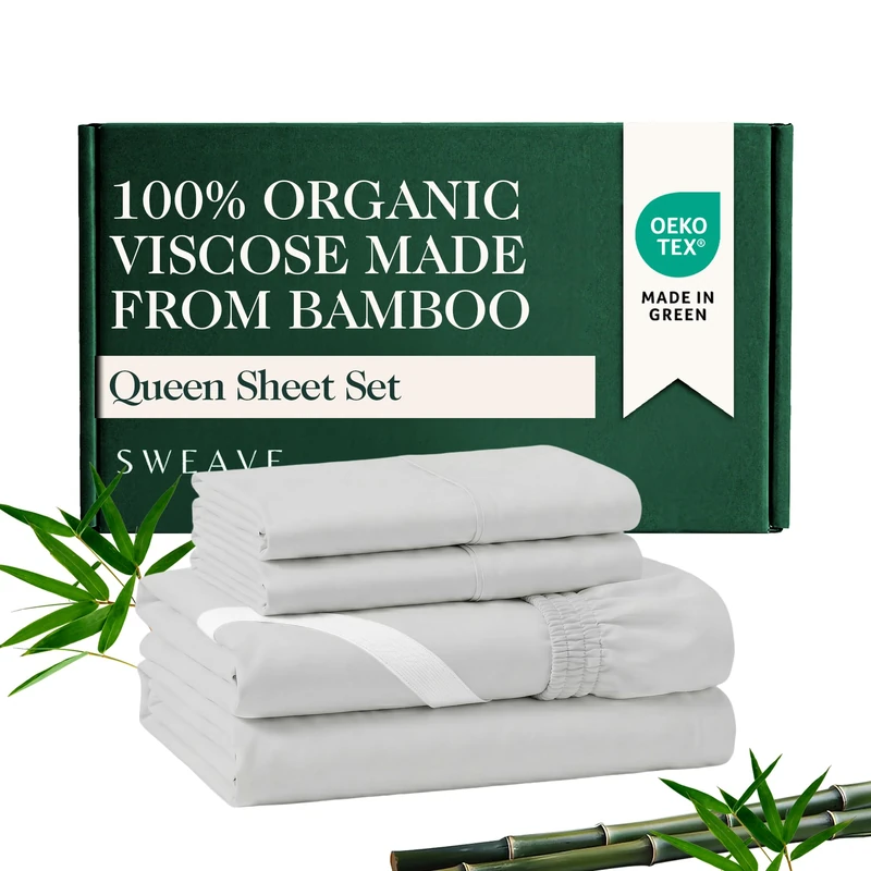 100% Organic Viscose Derived from Bamboo Queen Sheet Set - The Only Sheets with 100% Pure Viscose & No Blend - Luxuriously Soft, Breathable & Naturally Cooling - Ideal for Sensitive Skin - Light Grey