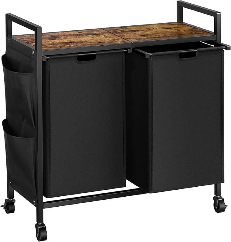 WOWLIVE Double Laundry Hamper with Lid,Rolling Laundry Basket Organizer with Wheels, Iron-Made Laundry Sorter with Top Shelf and 2 Removable Bags,Large Clothes Storage for Room,Black 1