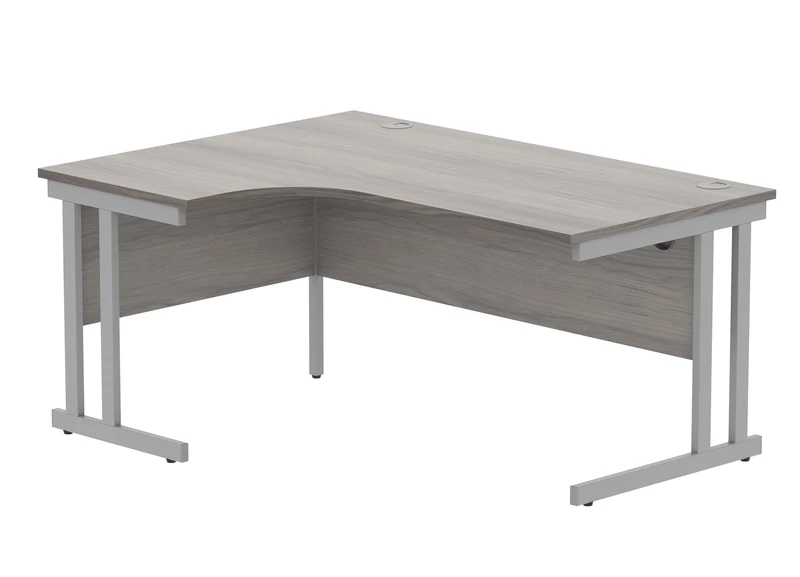 Office Hippo Essentials Left Corner Desks, Home Writing Computer Desk Office Desk For Work Place Or Home, Home Office Radial Desk With Cable Port Management, Silver Frame, Alaskan Grey Oak, 160 x 120cm