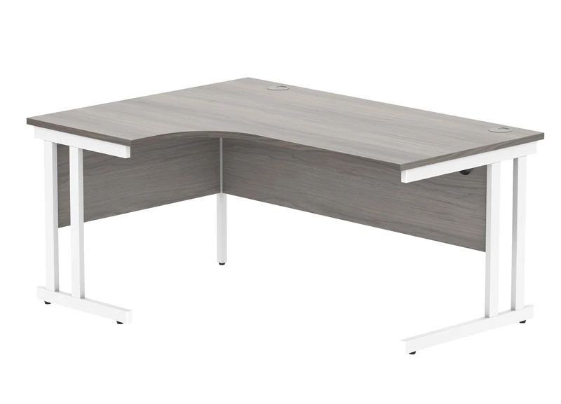 Office Hippo Essentials Left Corner Desks, Home Writing Computer Desk Office Desk For Work Place Or Home, Home Office Radial Desk With Cable Port Management, White Frame, Alaskan Grey Oak, 160 x 120cm