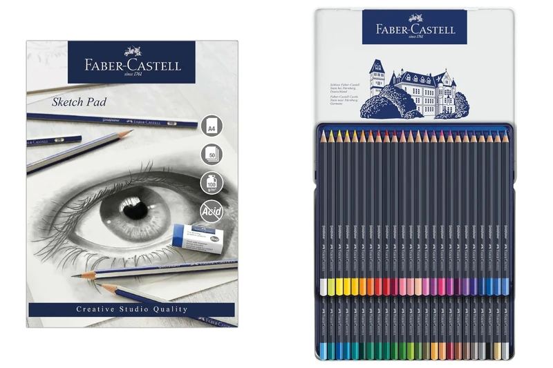 Faber-Castell Goldfaber, Colour Pencil Set, Tin Of 48 & Sketch Pad, A4, Gummed Paper Pad 100 GSM, 50 Sheets