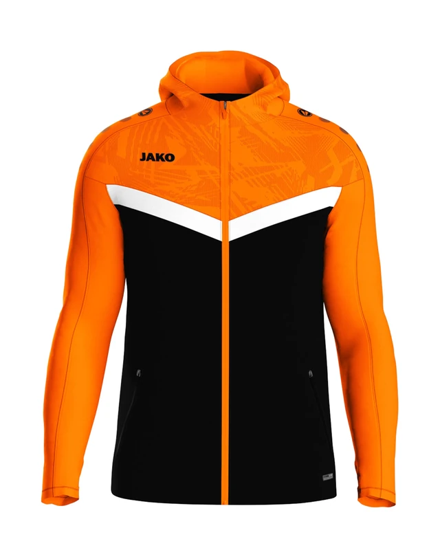 JAKO Unisex Children Kapuzenjacke Iconic Hooded Jacket, Schwarz/Neonorange, 140 (EU)