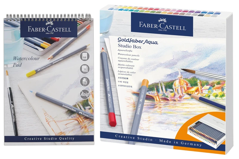 Faber-Castell Goldfaber Aqua, Watercolour Pencils, Set Of 38 & Watercolour Pad, A4, Spiral Bound Paper, 190 GSM, 15 Sheets