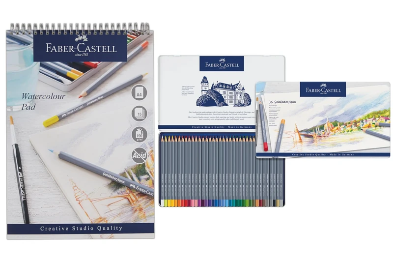 Faber-Castell Goldfaber Aqua, Watercolour Pencils, Tin Of 36 & Watercolour Pad, A4, Spiral Bound Paper, 190 GSM, 15 Sheets