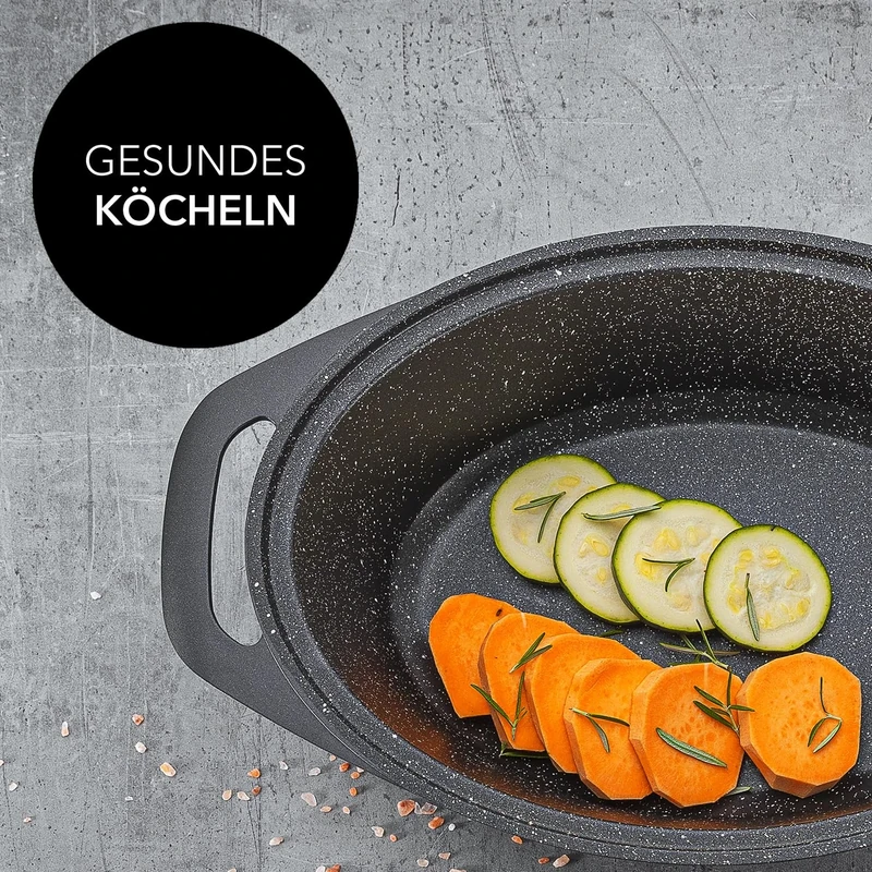 FLORINA Aluminium Roasting Dish (3.8 L) | D x W x H: 33.5 x 25 x 9.8 cm | Oval Casserole Pot CHEF | Roasting Pot with Lid & Handles | Non-Stick Coating | Cooking Pot for All Types of Cookers Induction