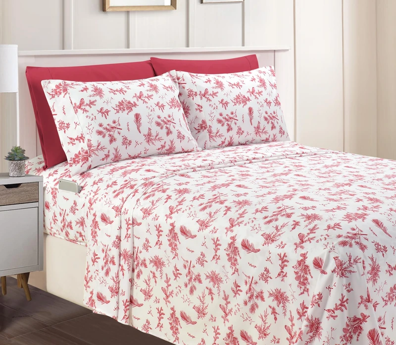 Elegant Comfort Luxury Soft Bed Sheets Holiday Pattern 1500 Premium Hotel Quality Microfiber-Softness Wrinkle and Fade Resistant (6-Piece) Bedding Set, Queen, Cardinal