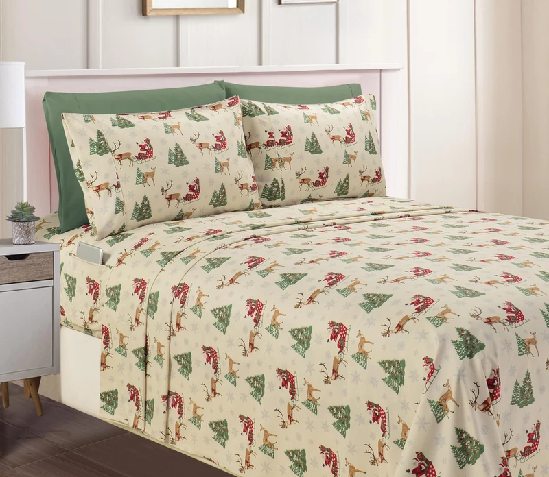 Elegant Comfort Luxury Soft Bed Sheets Holiday Pattern 1500 Premium Hotel Quality Microfiber-Softness Wrinkle and Fade Resistant (6-Piece) Bedding Set, Queen, Santa Moose