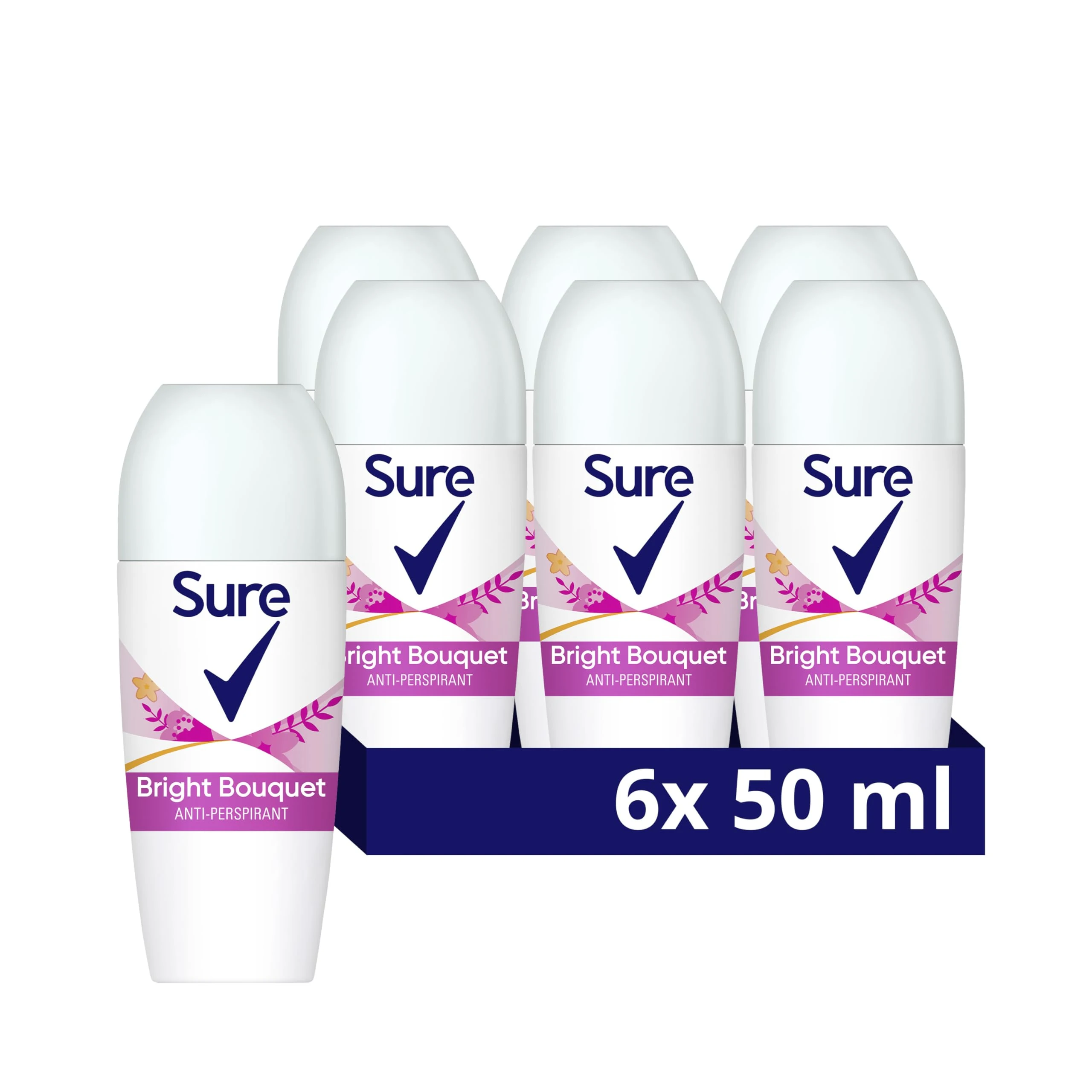 Sure Women Bright Bouquet Roll On Deodorant Antiperspirant with a strawberry, apricot & vanilla fragrance and 48 hour sweat and odour protection 50 ml, Pack of 6