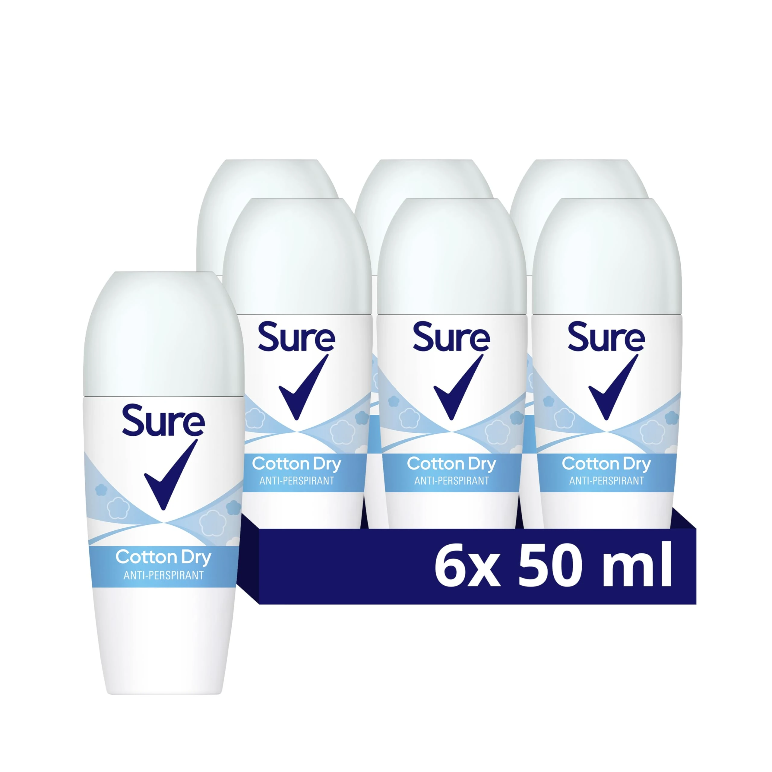 Sure Cotton Dry Women's Deodorant with a clean fragrance inspired by fresh cotton sheets Anti-Perspirant Roll On and 48 hour sweat and odour protection 50 ml, Pack of 6