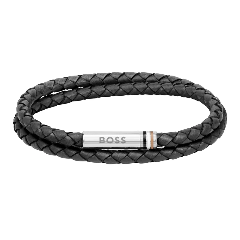 BOSS Jewelry Men's ARES Collection Bracelet with Double-Wrap Braided Black Leather - 1580489M