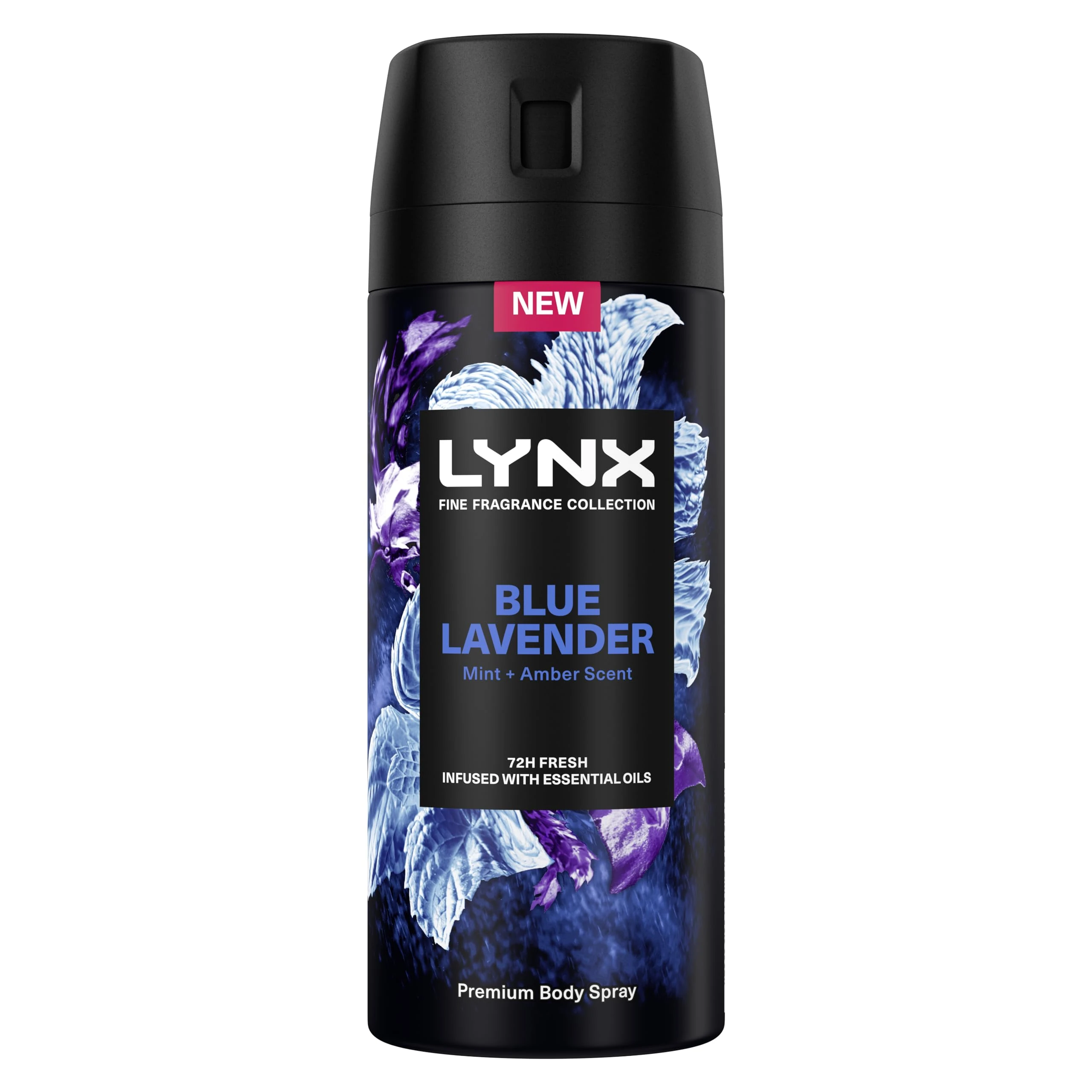 Lynx Fine Fragrance Collection Blue Lavender Premium Deodorant Body Spray Antiperspirant for 72 hours of freshness, infused with lavender, mint & amber essential oils 150 ml