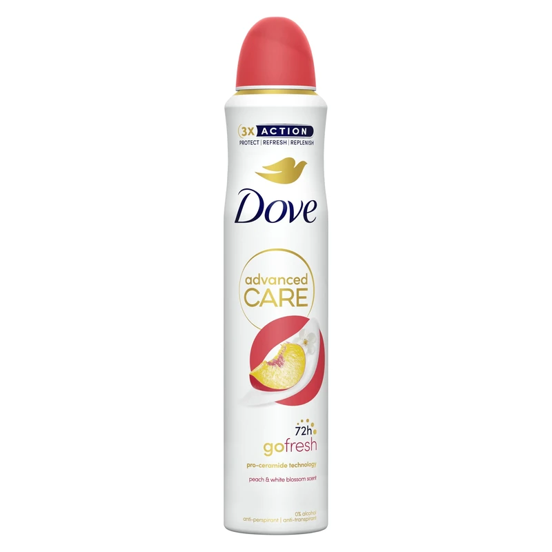 Dove Advanced Care Go Fresh Peach & White Blossom Scent Anti-Perspirant Aerosol Women's Deodorant Spray with Pro-Ceramide technology for 72 hour protection against sweat and odour 6x 200 ml