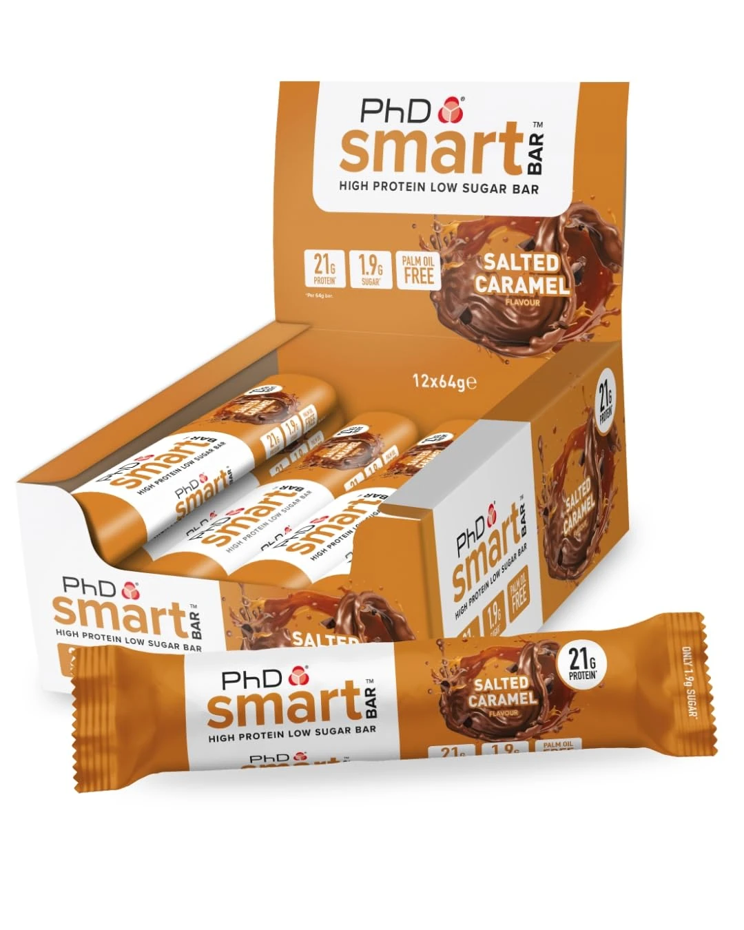 PhD Nutrition Smart Protein Bar Low Calorie, Nutritional Protein Bars/Protein Snacks, High Protein Low Sugar, Salted Caramel Flavour, 20g of Protein, 64g Bar (12 Pack)