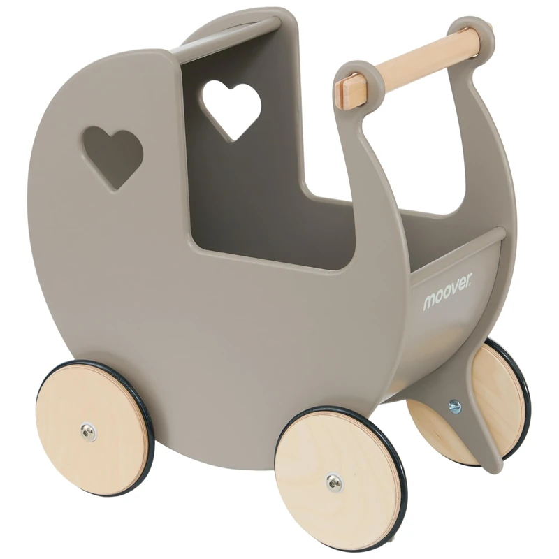 Moover Classic Doll's Pram for Toddlers, Fully Assembled, Designed in Denmark from Russian Birch Plywood, Push Along Toy, 18 Months+, 44 x 43 x 24 cm, Grey and Natural Wood