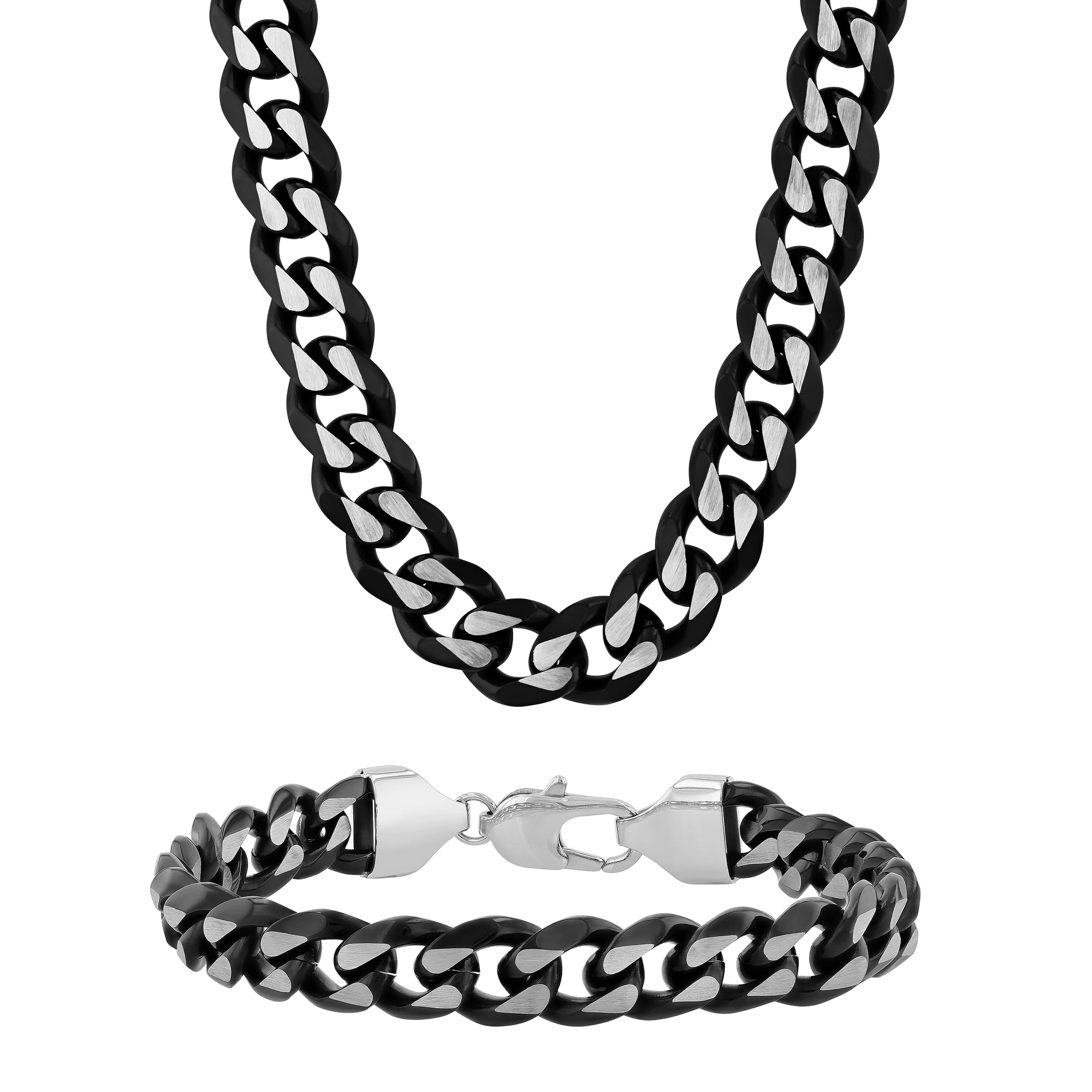 Stainless Steel Black Curb Link Chain Bracelet Set for Men 24" Necklace 8.5" Hypoallergenic and Robust, Metal, No Gemstone