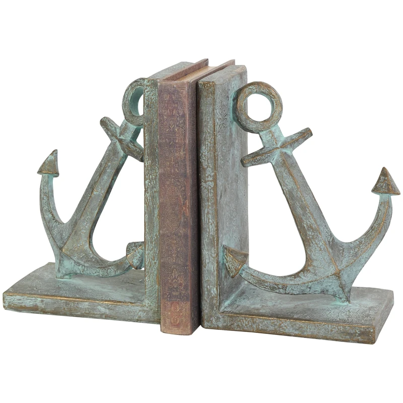 Deco 79 Polystone Anchor Bookends Distressed Patina with Gold Foil Accents, Set of 2 4" W, 8" H, Blue - Image 1