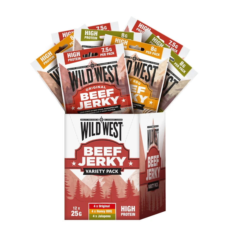 Wild West Beef Jerky Variety Pack 12 × 25g – 4 × Original, 4 × Honey BBQ, 4 × Jalapeño – High Protein Gluten Free Snack – No Added MSG – Ideal for Gym, Travel, Hiking & Everyday Energy