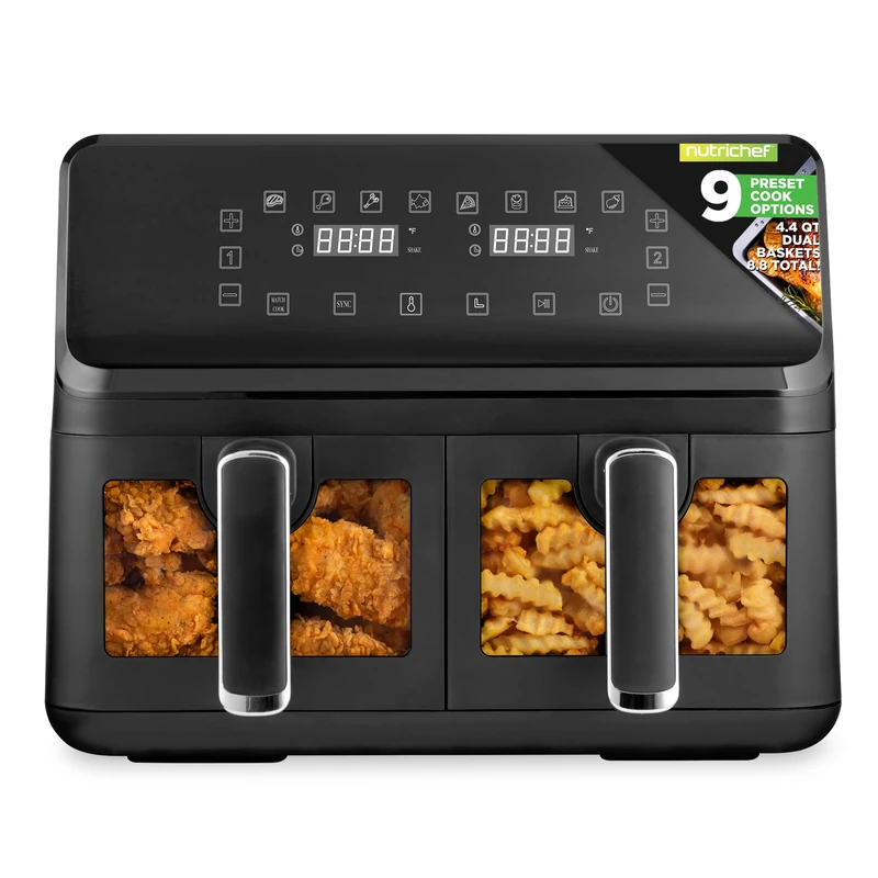 Double Basket Air Fryer 8.8 QT | Family Size Oil Free Cooker with Transparent Window | Digital Display | 9-1 Preset Cooking Options | 360° Hot Air Circulation Technology | 4.4 QTs per Basket | Black