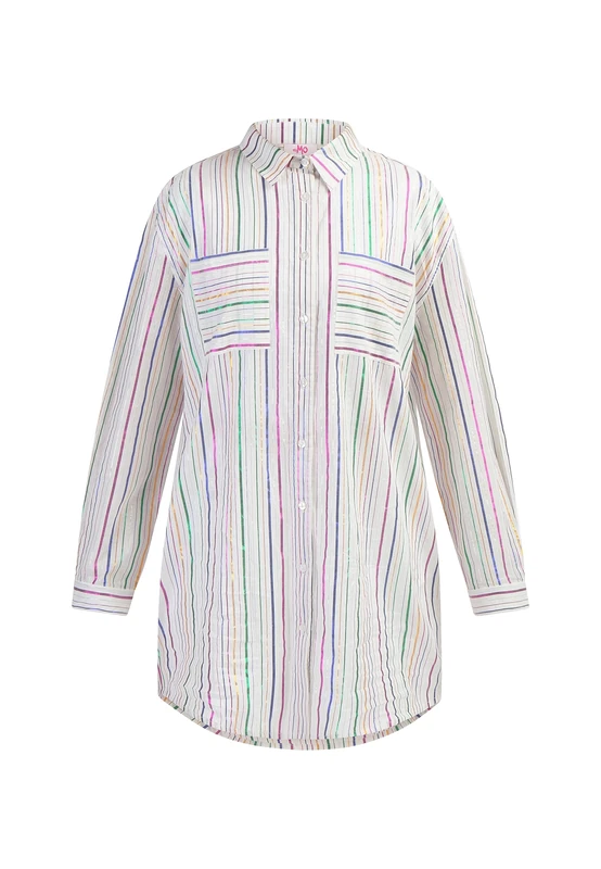 SASHIMA Women's Shirt Blouse Dress, White Multi-Coloured Stripes, S - Image 1