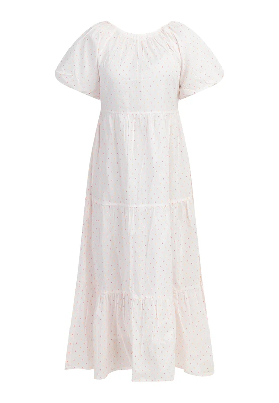 NINDIE Women's Maxi Dress, White Pink Orange dots, S