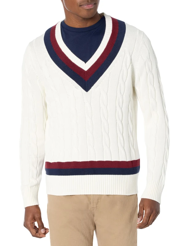 Brooks Brothers Men's Supima Cotton Cable V-Neck Tennis Sweater Pullover, Ivory, XL/XXL