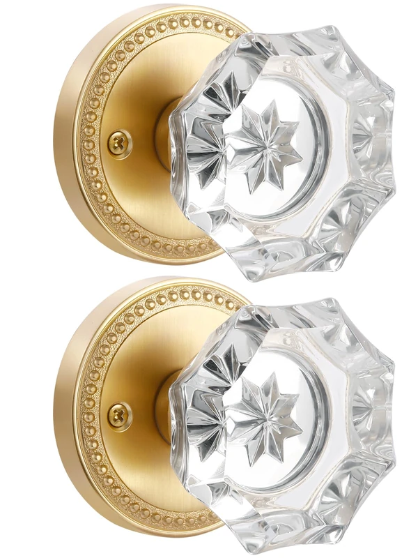 SORWDUERM Gold Door Knobs Crystal Door Knob Brushed Gold Passage Door Knobs Glass Satin Brass Interior Door Knob for Hall and Closet 2 Pack
