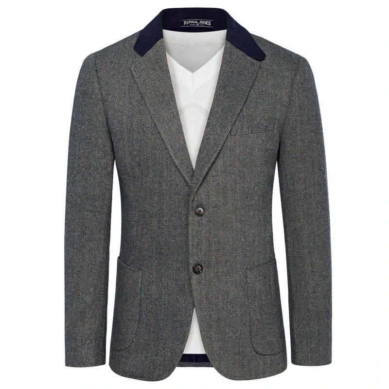 PJ Paul Jones Mens Herringbone Blazer Vintage Tweed Wool Blend Sport Coat Jacket, Black Blue, L