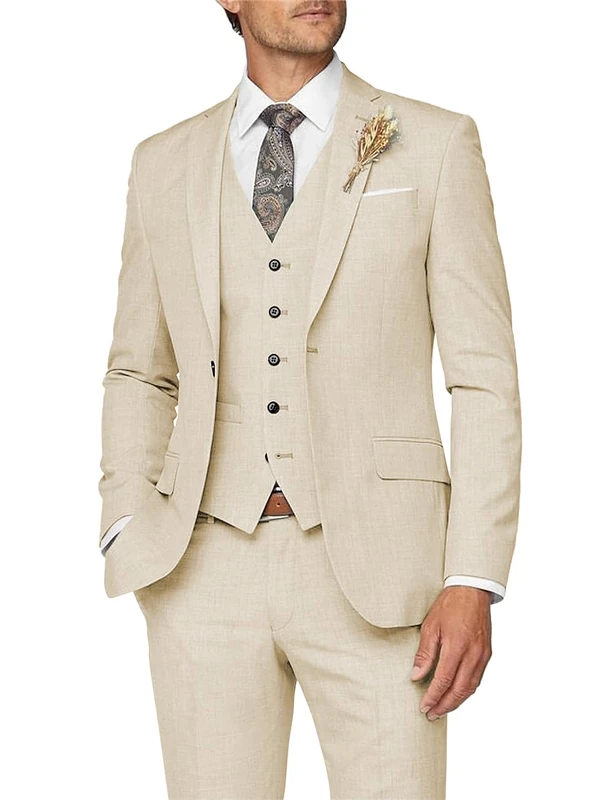 Wangyue Mens Suit 3 Piece Slim Fit Suit for Men Formal Business Suit Wedding Groom Prom Tuxedo Dinner Party, Beige, L