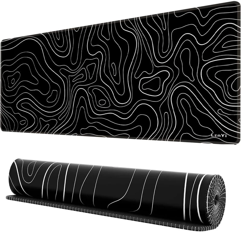 LznYi Topographic Contour Mouse Pad 600x300mm, Keyboard Mouse Mat XL Mousepad Gaming, Non-Slip Base and Stitched Edge for Gaming Office Work (60x30 Topo Black04)