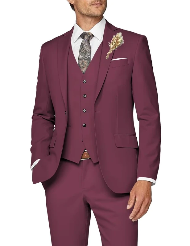 Wangyue Mens Suit 3 Piece Slim Fit Suit for Men Formal Business Suit Wedding Groom Prom Tuxedo Dinner Party, Burgundy, XS - Image 1