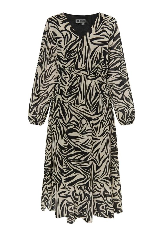 FENIA Women's Dress with Zebra Print, Beige-Black, M