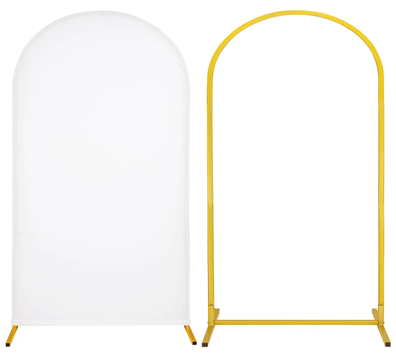 Metal Arch Stand and Cover Set,1 White Spandex Fitted Backdrop with 1 Gold Wedding Arched Stand Frame for Parties Birthday Baby Shower Bridal Banquet Decoration (7.2FT)