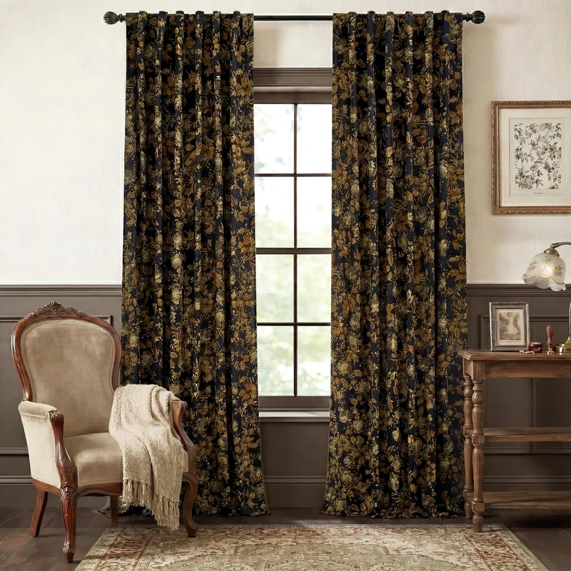 StangH Back Tab Gold Velvet Curtains 96 inches Long, Vintage Print Floral Home Decoration Thermal Insulated Privacy Panels for Living Room Sliding Door/Backdrop, W52 x L96, 2 Panels
