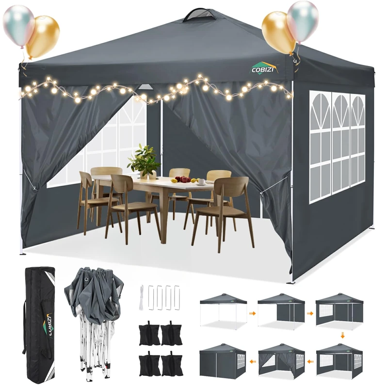 COBIZI Gazebo 3 x 3 m Waterproof Stable Winterproof Folding Gazebo Party Tent Garden Gazebo with 4 Side Panels, 4 Sandbags and Ventilation, UV Protection 50+, Pop Up Foldable for Outdoor Garden (Grey