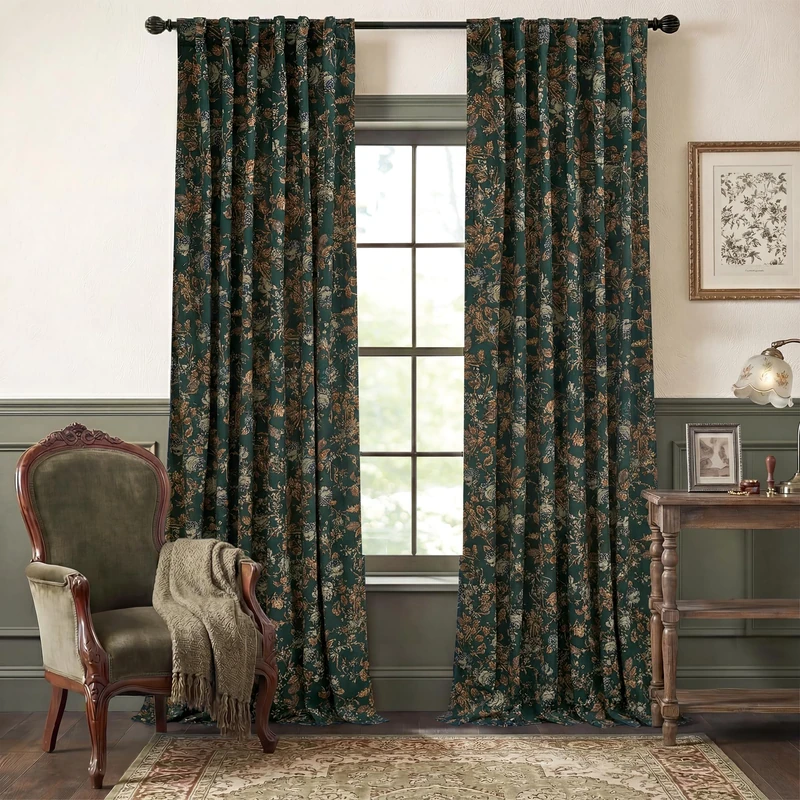 StangH Green Velvet Curtains with Print Floral, Back Tab Luxury Window Panels 90 inches Long Thermal Insulated Room Darkening Drapes for Sliding Door, W52 x L90, 2 Panels
