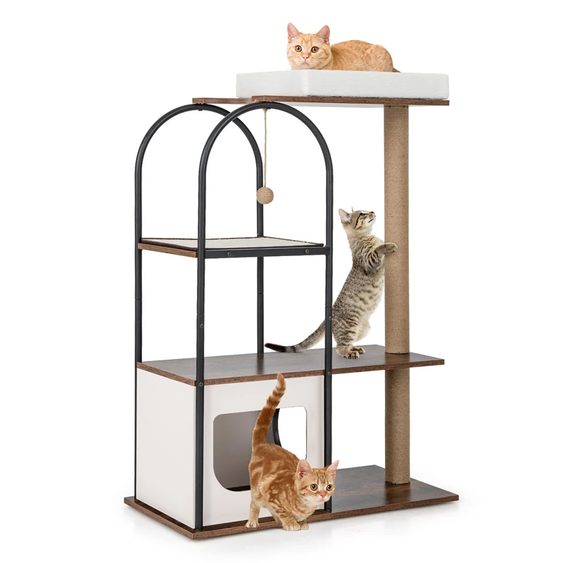 GYMAX Modern Cat Tree, 118cm Tall Cat Tower with Top Perch, Wooden Cat Condo, Scratching Posts, Sisal Board & Hanging Ball, Metal Frame Multi-level Cat Play Center for Kitten Play & Rest (White)
