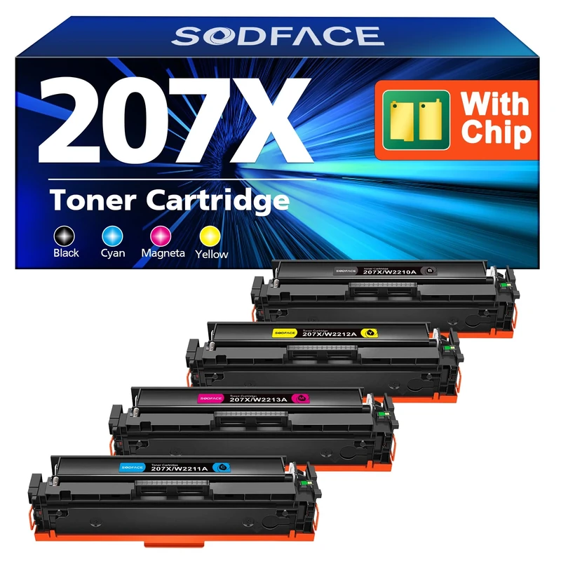 SODFACE 207X 207A Toner Cartridge Multipack for HP 207X 207A 207 Toner for HP Color Laserjet Pro MFP M283fdw M255dw M282nw M283cdw M283fdn M255nw (Black Cyan Yellow Magenta, 4-Pack, With Chip)