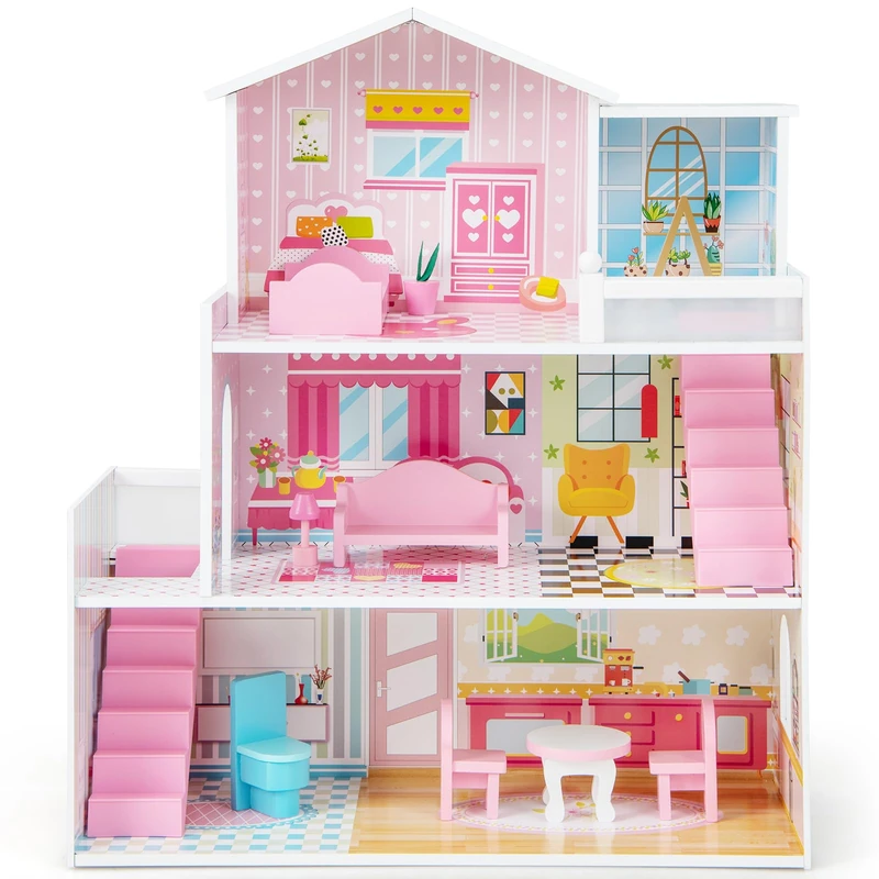GYMAX Kids Dollhouse, 3-Storey Wooden Dolls House with Simulated Rooms and Accessories, Large Doll House for 3 Years Old+(Pink,10Pcs:60x25x70cm)