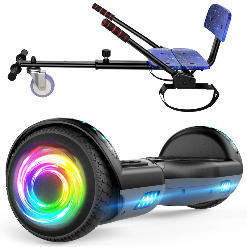 SISIAGD Hoverboards with Seat, Hoverboards Hoverkart, Hoverbaords Go-Kart with Bluetooth Speaker LED Lights, Gift for Children, Blackgrey-Starblue