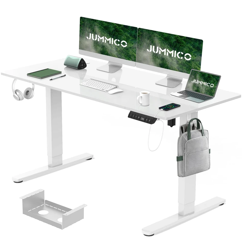 JUMMICO Electric Standing Desk 140x70 cm with Charging Port, Height Adjustable Computer Desk with Cable Tray,Ergonomic Sit Stand up Desk Rising Table Home Office Furniture, White - Image 1