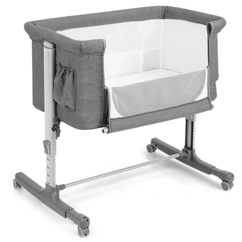 GYMAX 3-in-1 Baby Beside Crib with Height & Angle Adjustable (Light Grey)