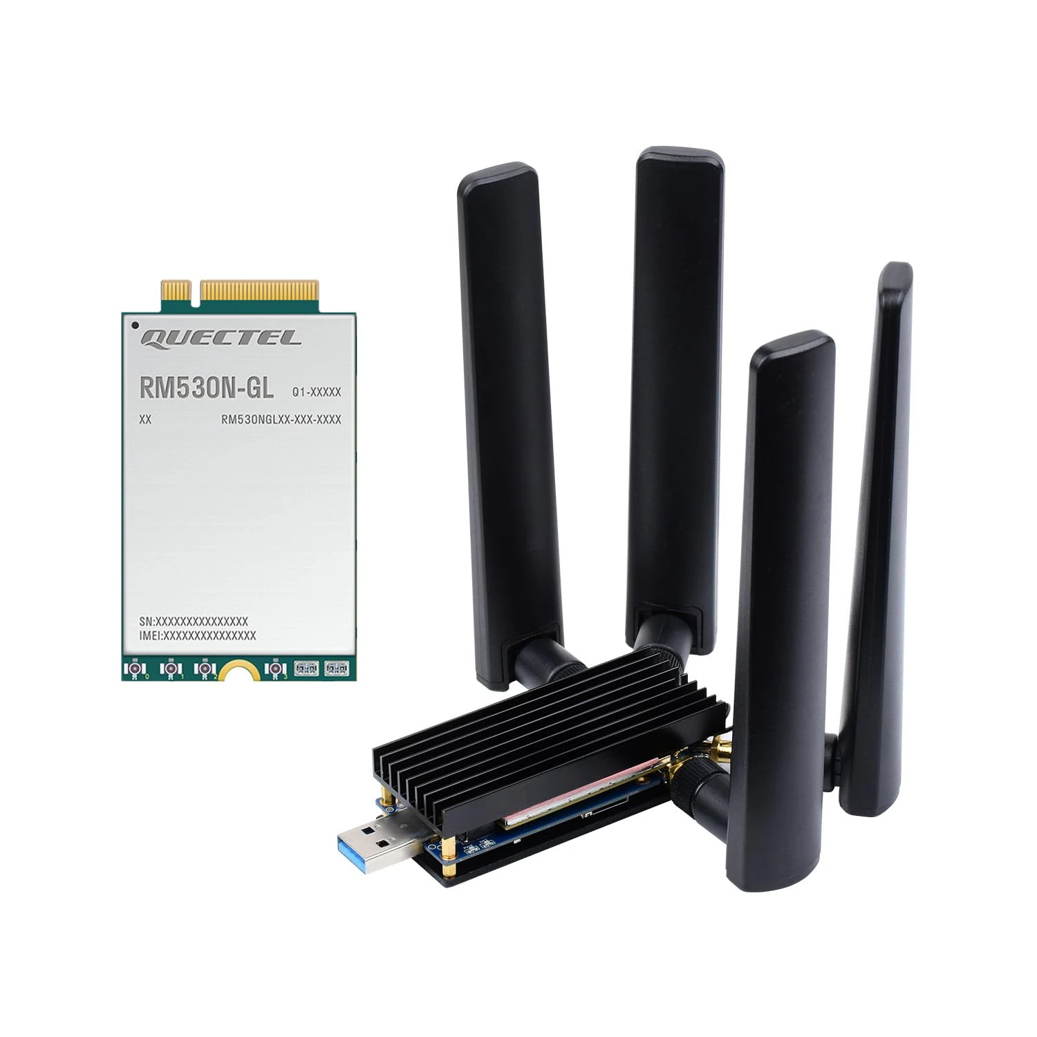 Waveshare 5G DONGLE Module, Quad Antennas, USB3.1 Port, Aluminum Alloy Heatsink, M.2 Key B Interface, with RM530N-GL 5G Module
