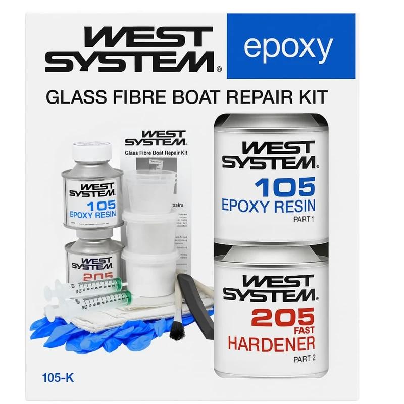 WEST SYSTEM 105-K Epoxy Resin & Hardener Fibreglass Repair Kit - Strong Marine Grade Waterproof Epoxy, Repair Kits for Fibreglass Boats - Includes Gloves, Tape, 2x Brushes & Syringes
