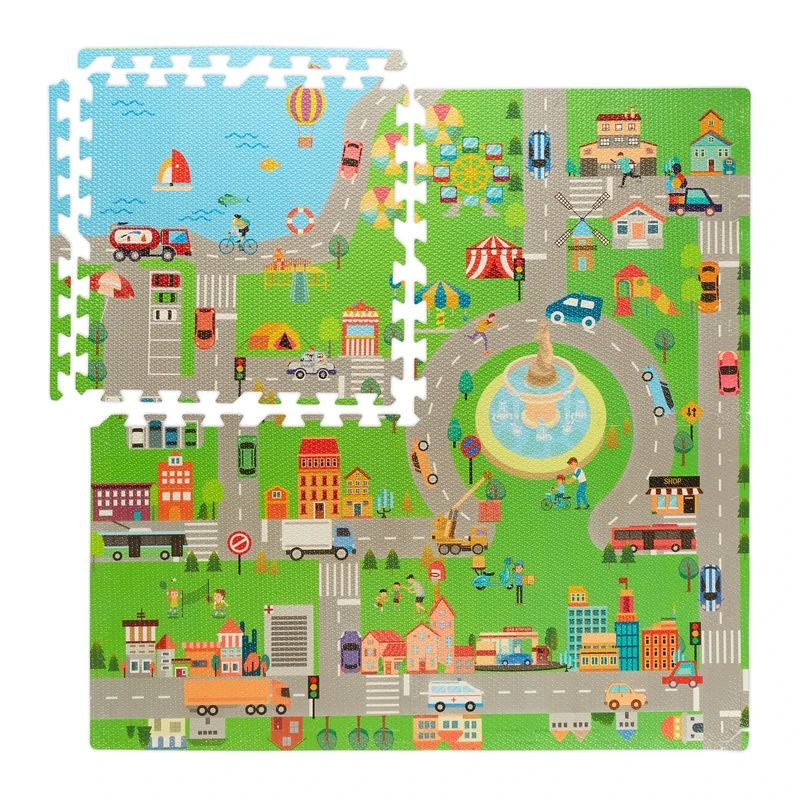 Relaxdays Puzzle Mat with Streets, 12-Piece Playmat, Pollutant-Free, EVA Foam, Children's Room, 121 x 121 cm, Colourful