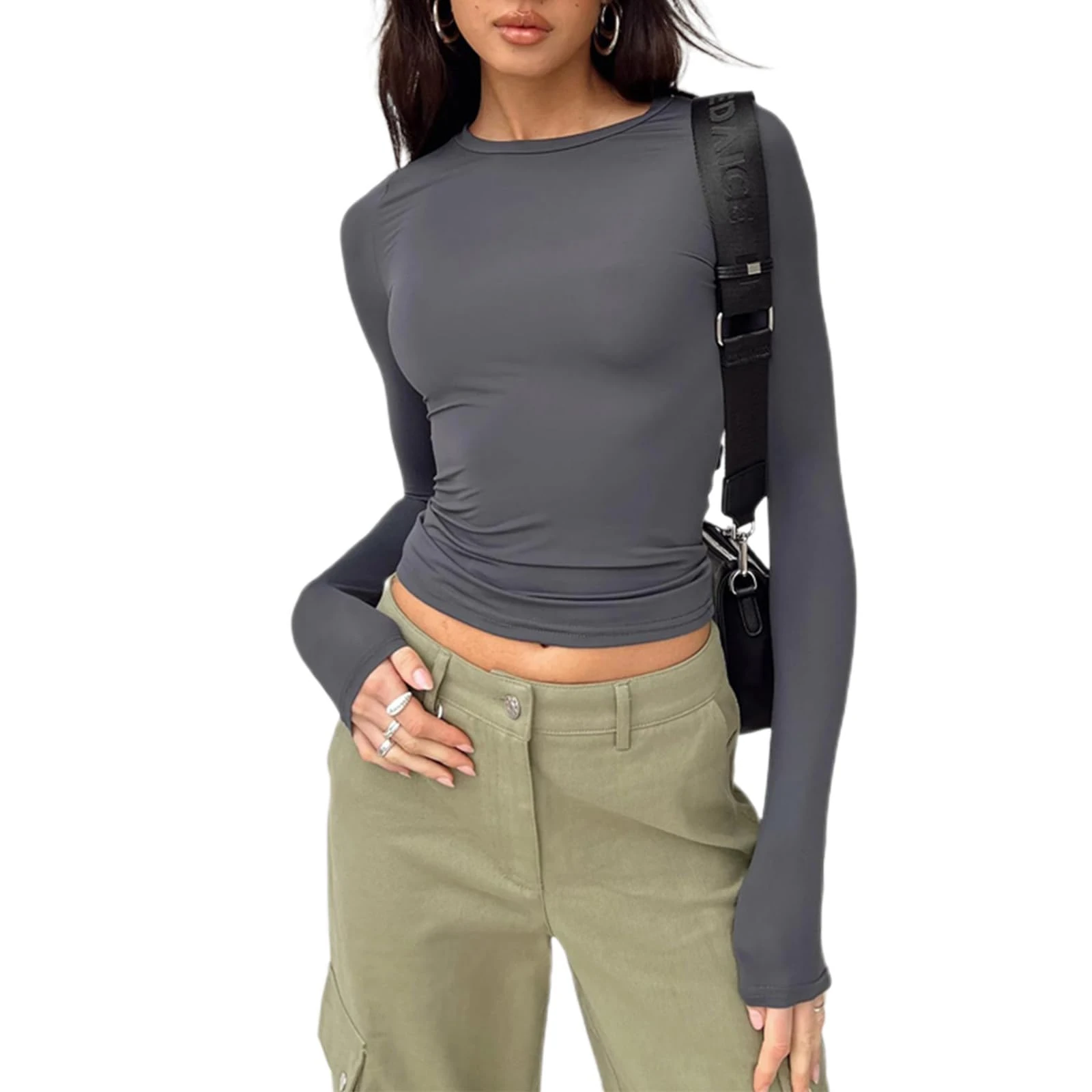 Flintronic Women's Long Sleeve Crop Tops - Scoop Neck, Slim Fitted Shirts - Streetwear - Grey/M