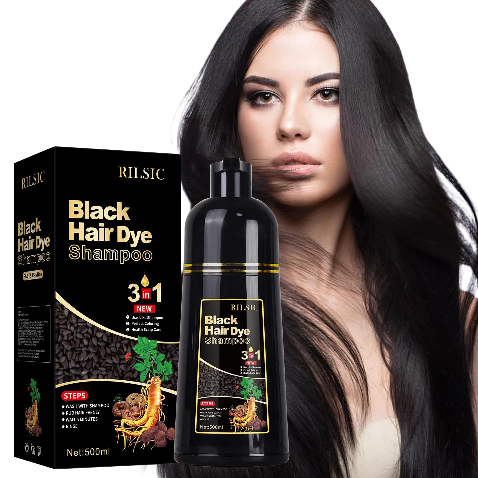 RILSIC Black Hair Dye Shampoo 3 IN 1, Herbal Instant Hair Color Shampoo for Women Men - Long Lasting - Natural Color - Hair Colour for Grey Hair Coverage, Hair Dye Coloring in Minutes(Black, 500ML)